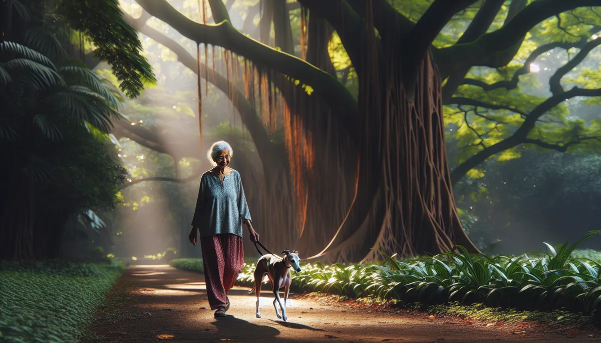 senior walking in a park with a whippet